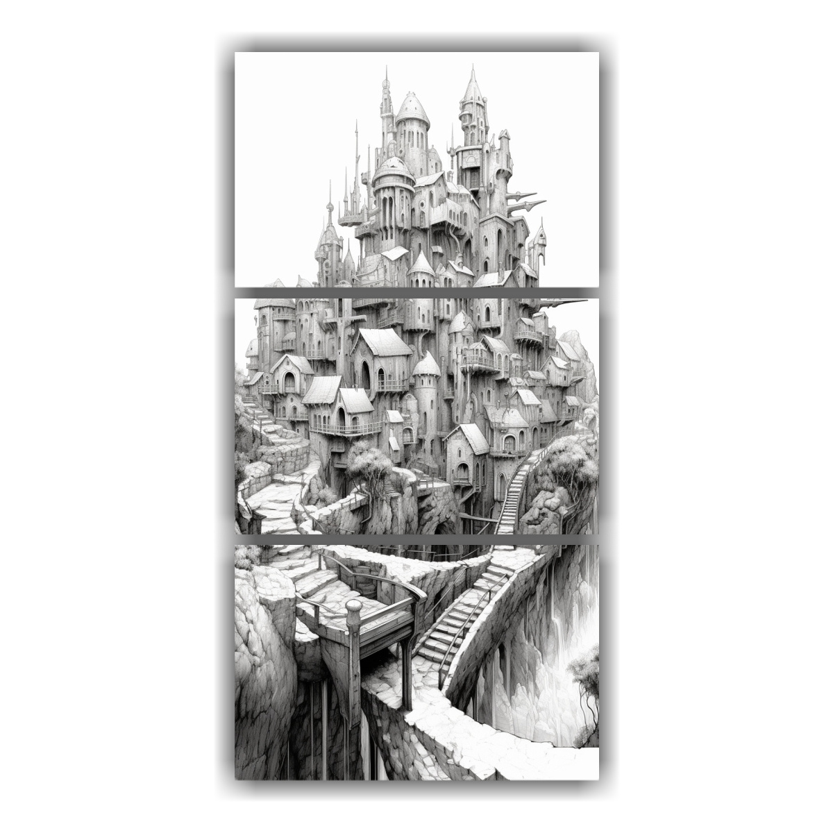 reflejo-espectacular-en-lienzo-tres-lienzos-de-tela-con-dibujo-de-tintas-de-una-ciudad-retorcida-hecha-de-huesos-