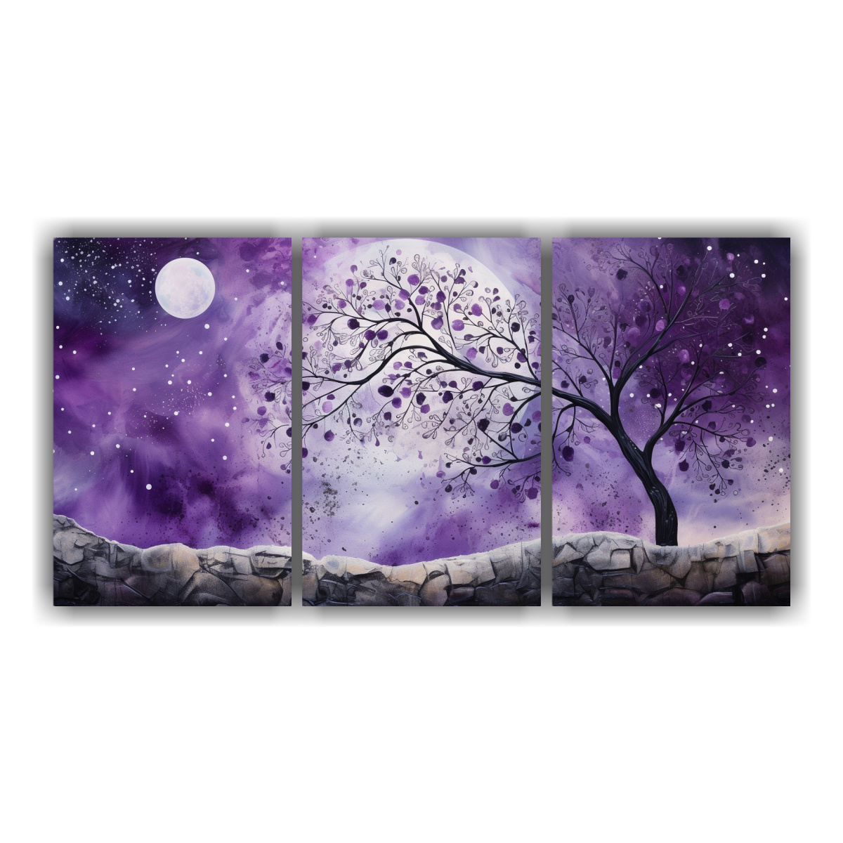 set-3-telas-en-bastidor-colores-motivo-de-rbol-en-morado-y-plata