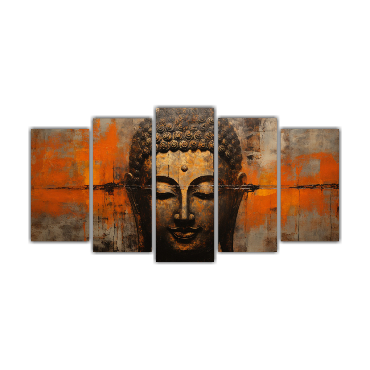 set-de-5-cuadros-creativa-protagonismo-buddha-estilo-abstracto-plata-y-naranja