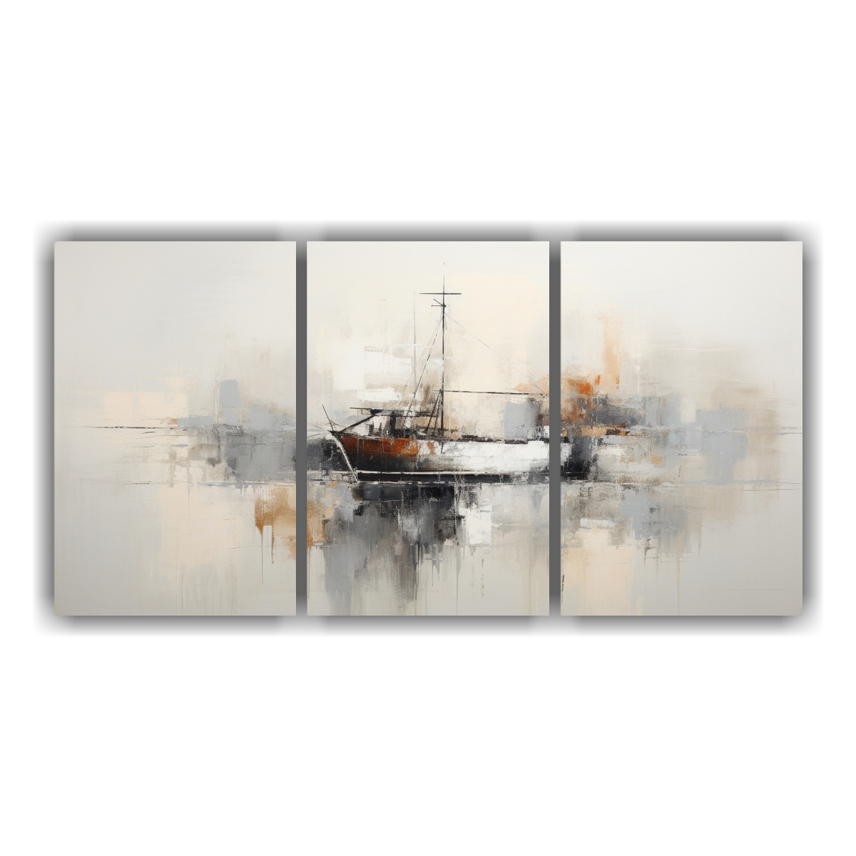 tres-cuadros-composicion-salon-pintura-abstracta-de-barco-en-blanco-y-negro