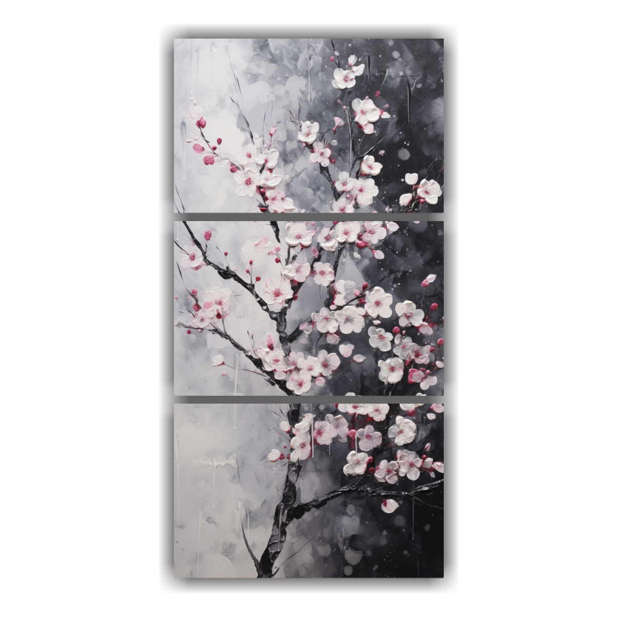tres-telas-en-bastidor-abstracto-con-flores-de-cerezo-negras-en-el-sal-n-pintura-sobre-lienzo