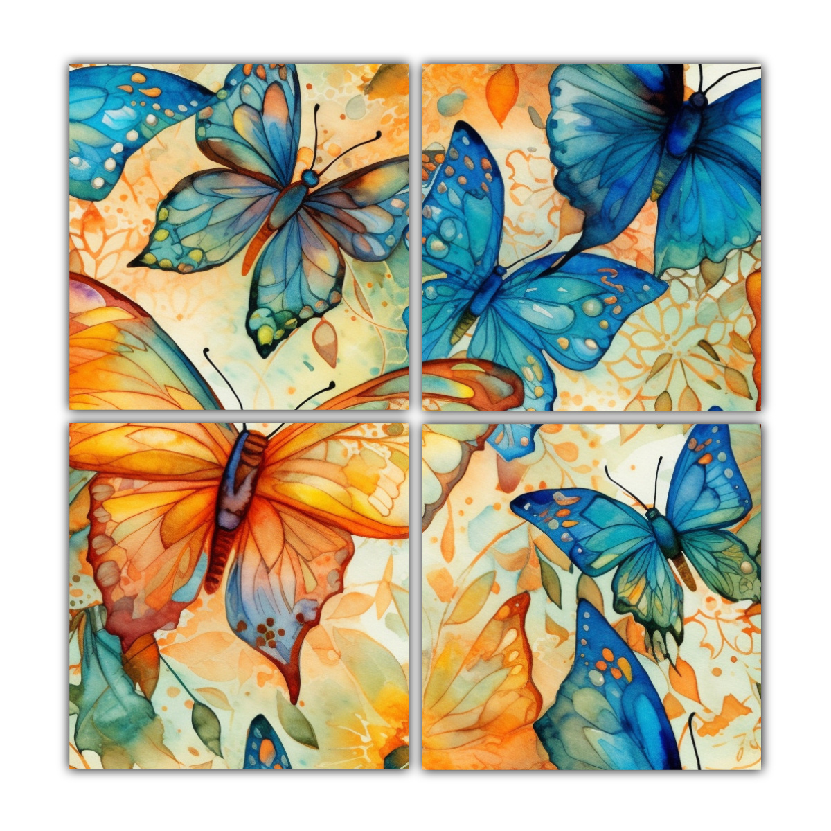 4-cuadros-abstractos-con-mariposas-pintadas-al-agua-en-detalle