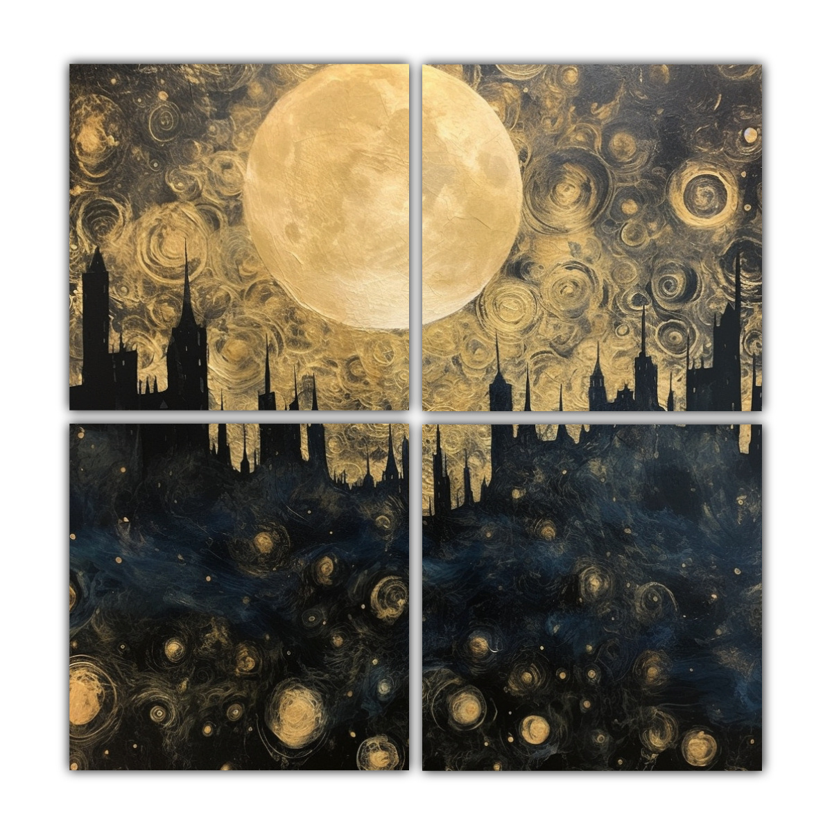4-lienzos-colores-alegres-noche-oscura-con-luna-dorada