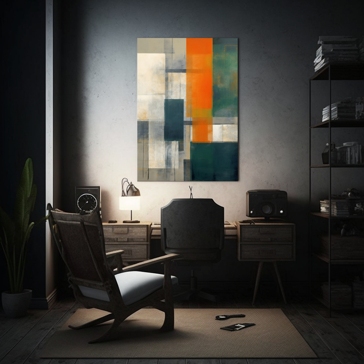 cuadro-abstracto-de-dos-edificios-con-bandera-verde-para-decorar-cuartos-1