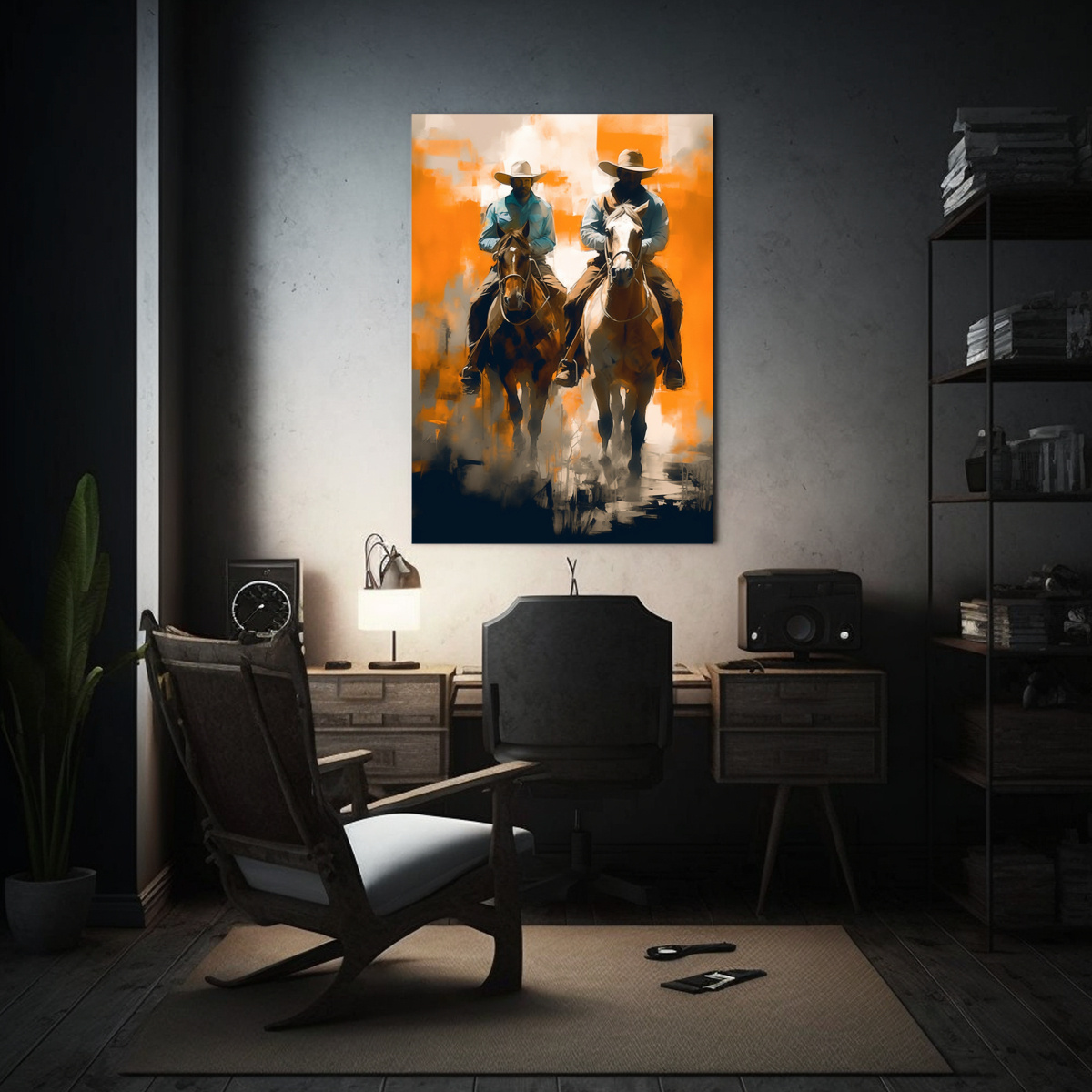 cuadro-expresividad-pintura-cowboys-occidentales-a-caballo-estilo-cono-1