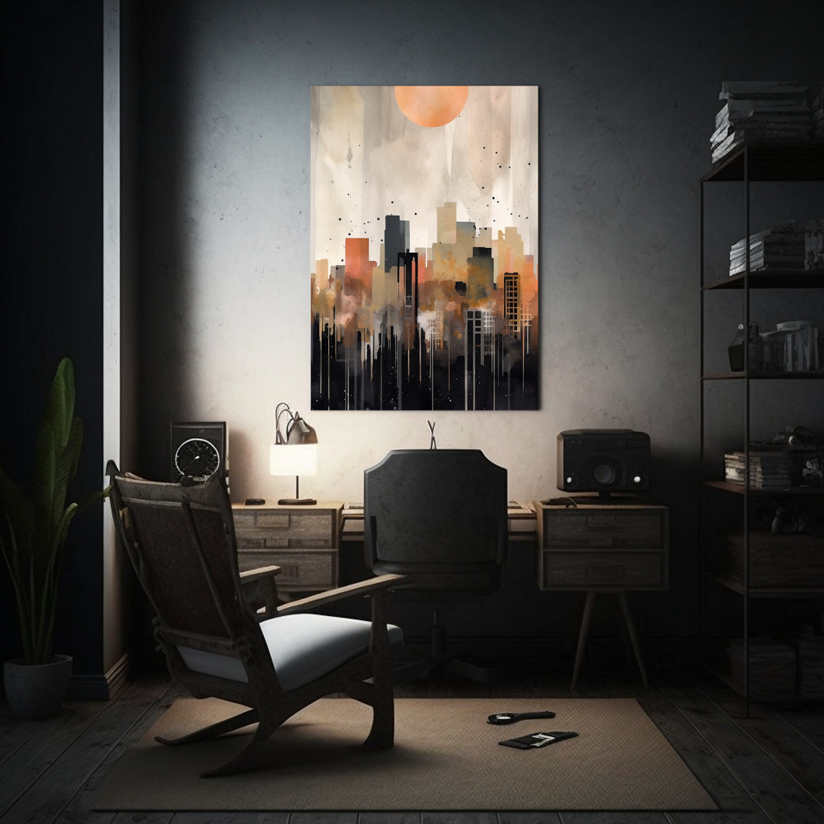 cuadro-minimalista-ciudad-con-skyline-en-acuarela-fondo-negro-1