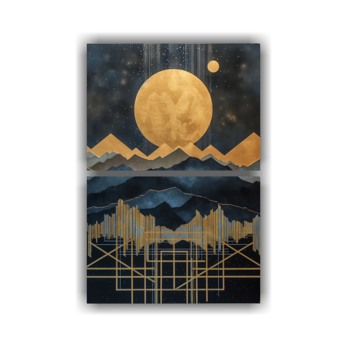 cuadro-moderno-con-detalles-intrincados-en-negro-y-dorado-con-sol-entre-dos-monta-as-