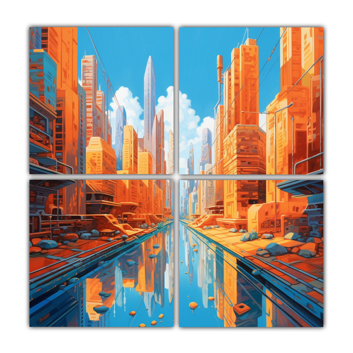 cuadros-decorativos-futuristas-de-la-ciudad-naranja-wowly-con-cielo-azul-brillante