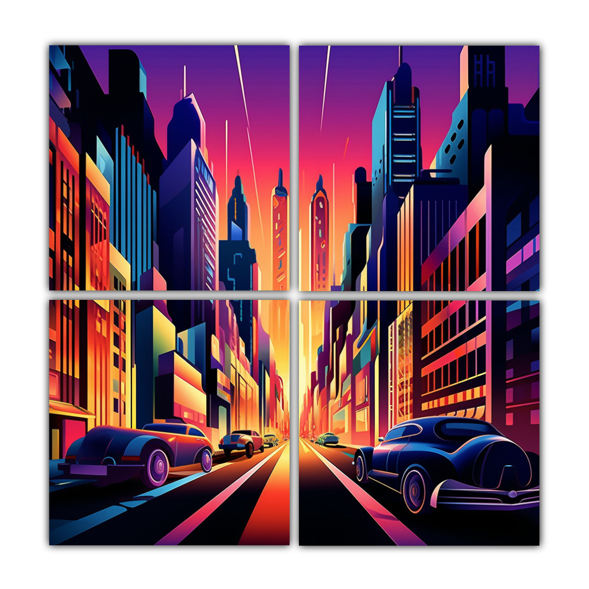 cuatro-artes-cuadros-abstractos-ilustra-paisaje-urbano-moderno-con-luces-de-ne-n