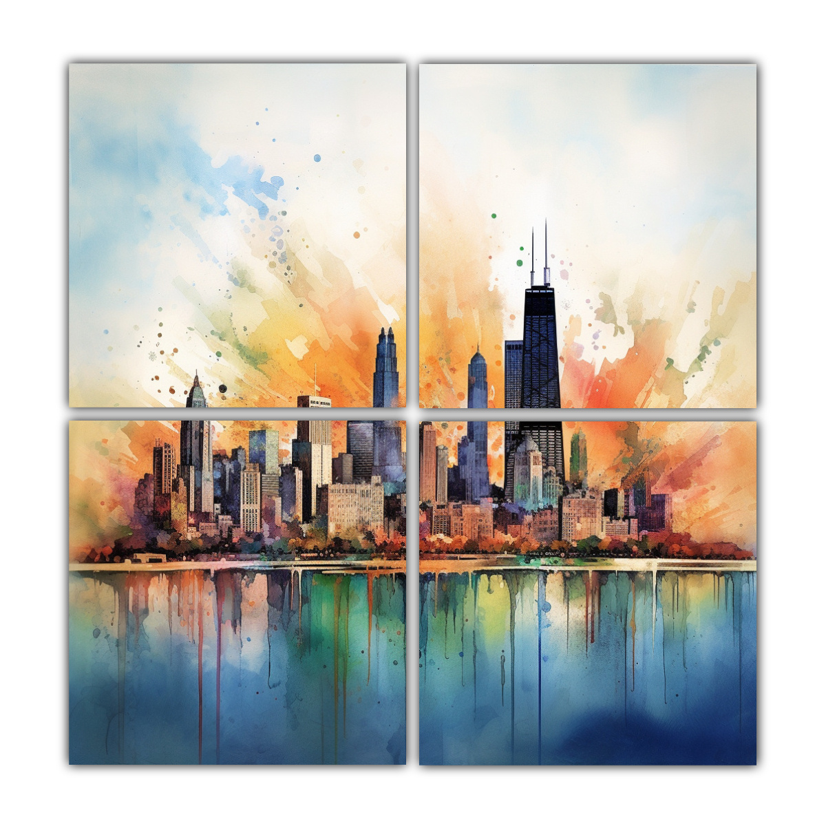 cuatro-cuadros-calidos-arte-de-la-ciudad-de-chicago-en-acuarela