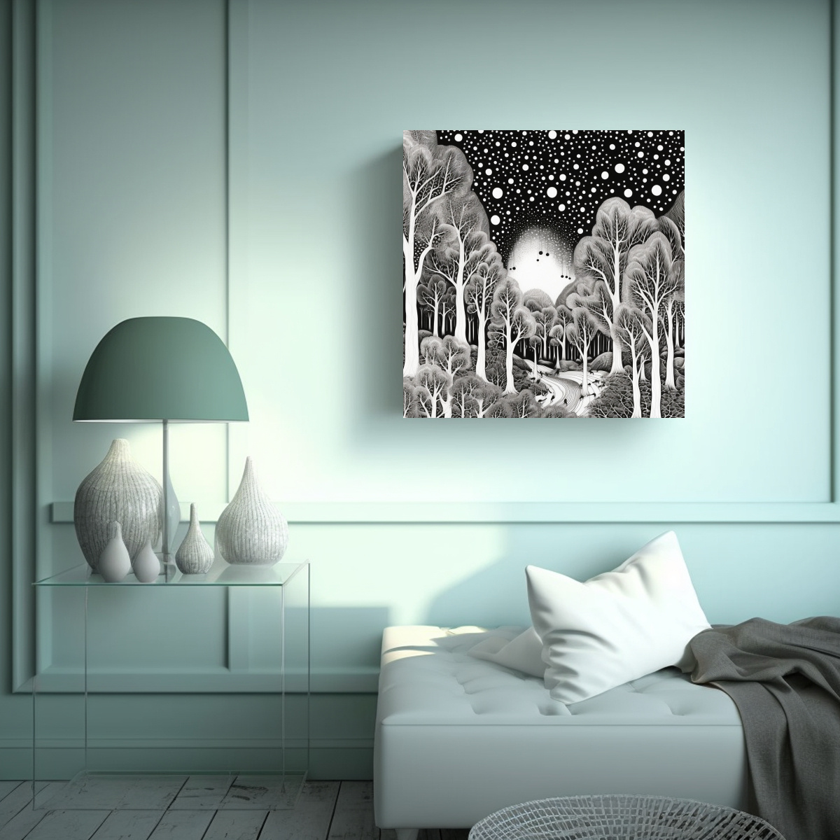 dibujo-urbano-lienzo-de-tela-bosque-nevado-en-blanco-y-negro-1