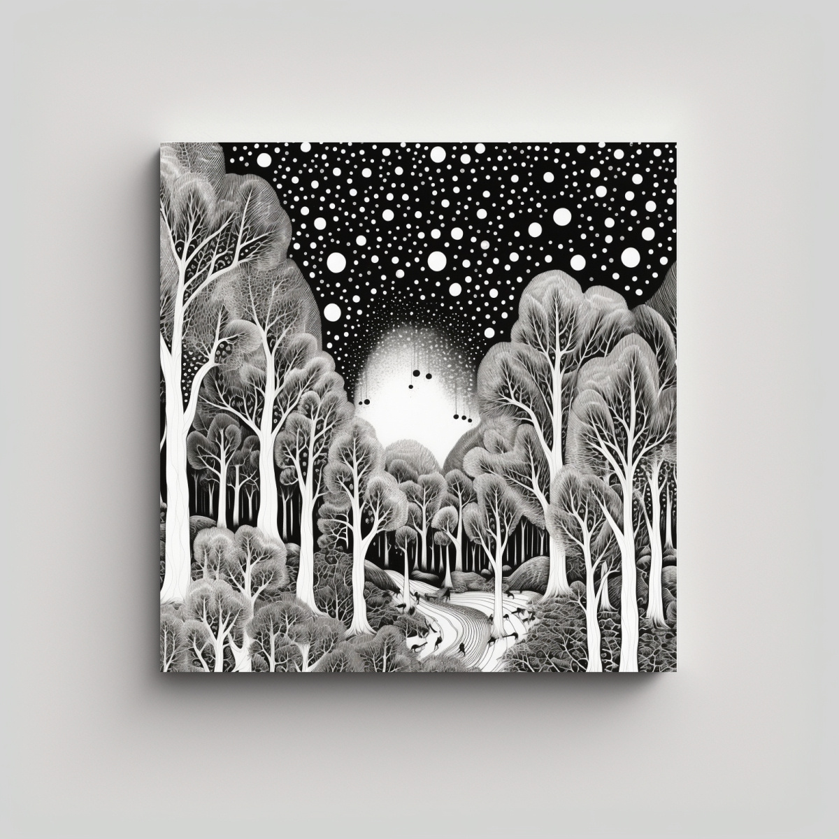 dibujo-urbano-lienzo-de-tela-bosque-nevado-en-blanco-y-negro