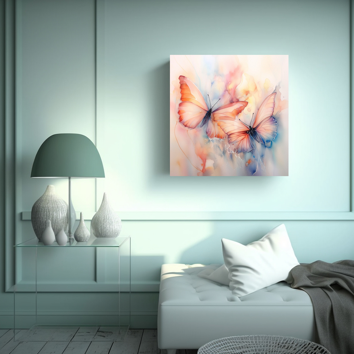 pintura-acuarela-abstracta-con-mariposas-iridiscentes-en-bastidor-1