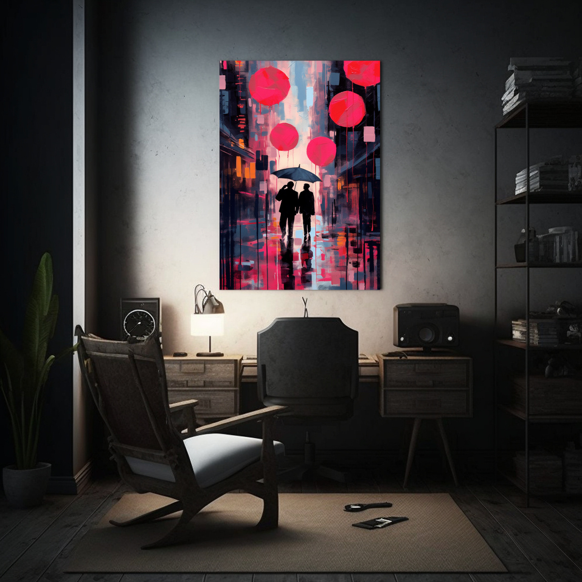 pintura-cuadro-creativa-sim-trico-de-manolo-gifford-con-sombrillas-rojas-y-una-rana-1-1