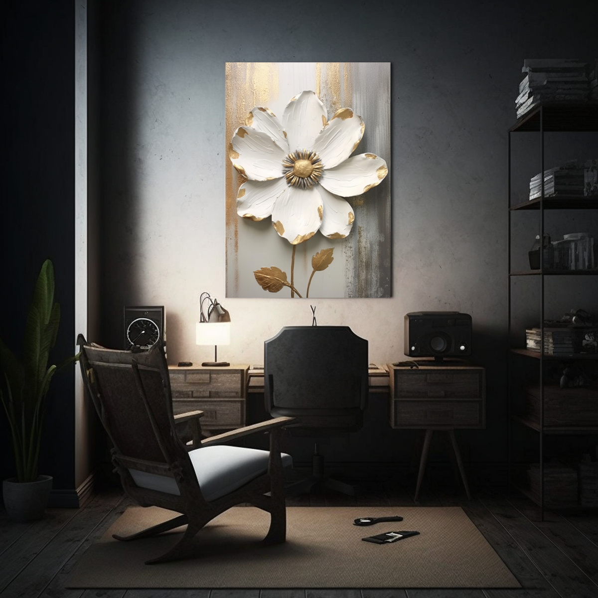 pintura-de-arte-para-sala-con-flor-y-hojas-doradas-y-grises-en-lienzo-1