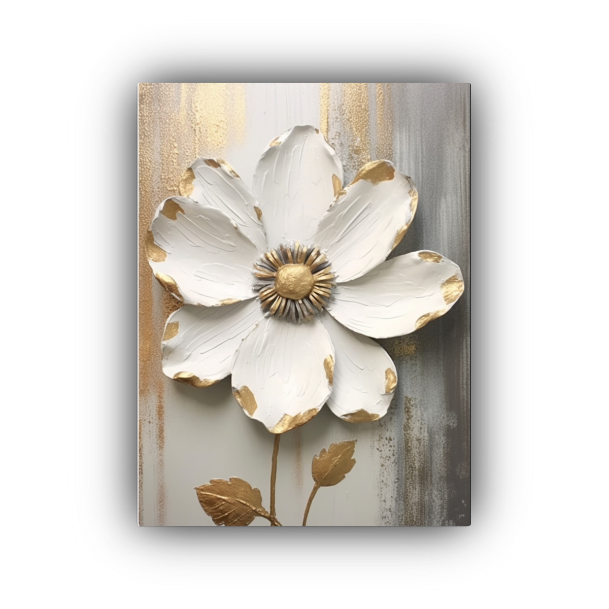 pintura-de-arte-para-sala-con-flor-y-hojas-doradas-y-grises-en-lienzo