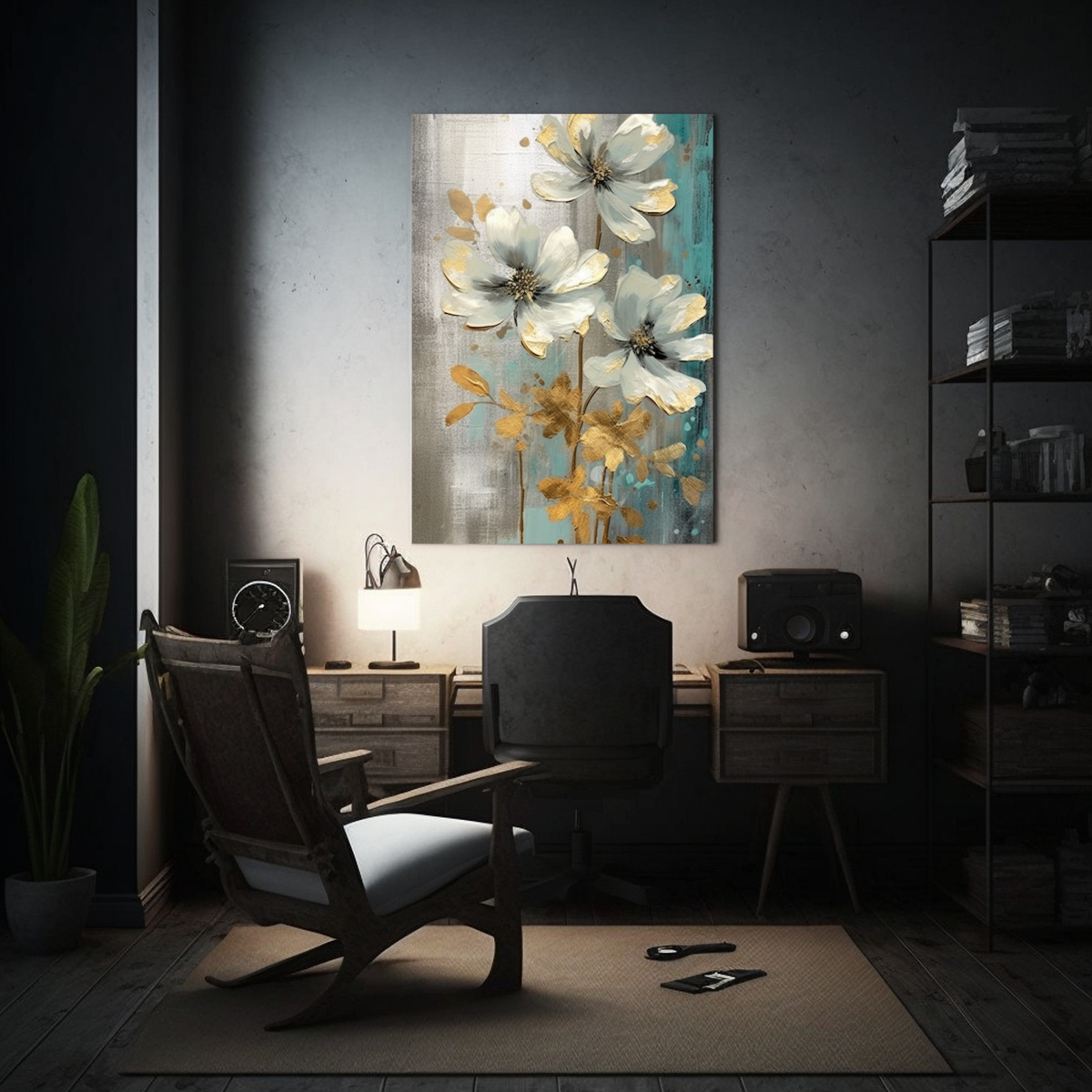 pintura-de-flor-turquesa-en-estilo-gris-y-dorado-1