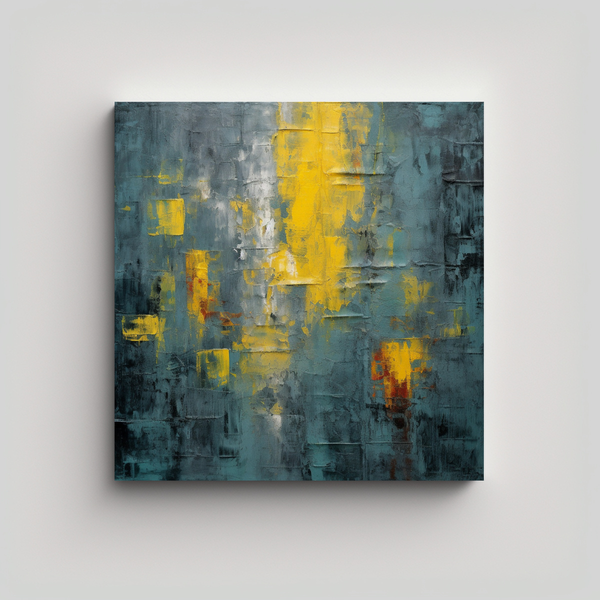 pintura-de-lienzo-con-expresividad-en-una-pared-pintada-de-gris-oscuro