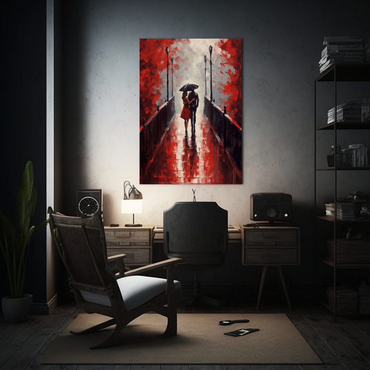 pintura-decorativa-de-pareja-bes-ndose-bajo-la-lluvia-en-un-puente-inmovilizado-1