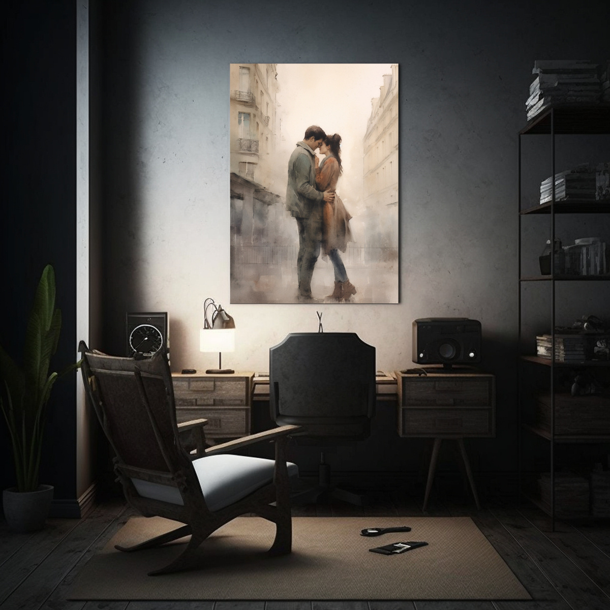 pintura-decorativa-en-tonos-acuarelados-de-dos-amantes-bes-ndose-en-la-calle-en-par-s-1