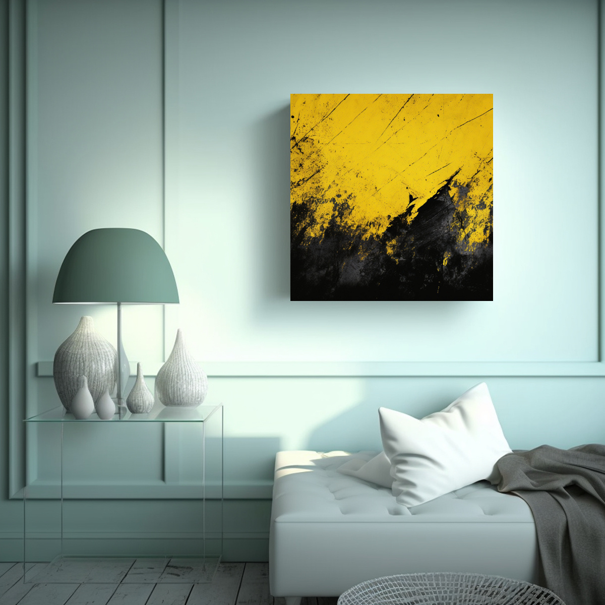 pintura-decorativa-resistente-en-bastidor-con-textura-grunge-negro-y-amarillo-1