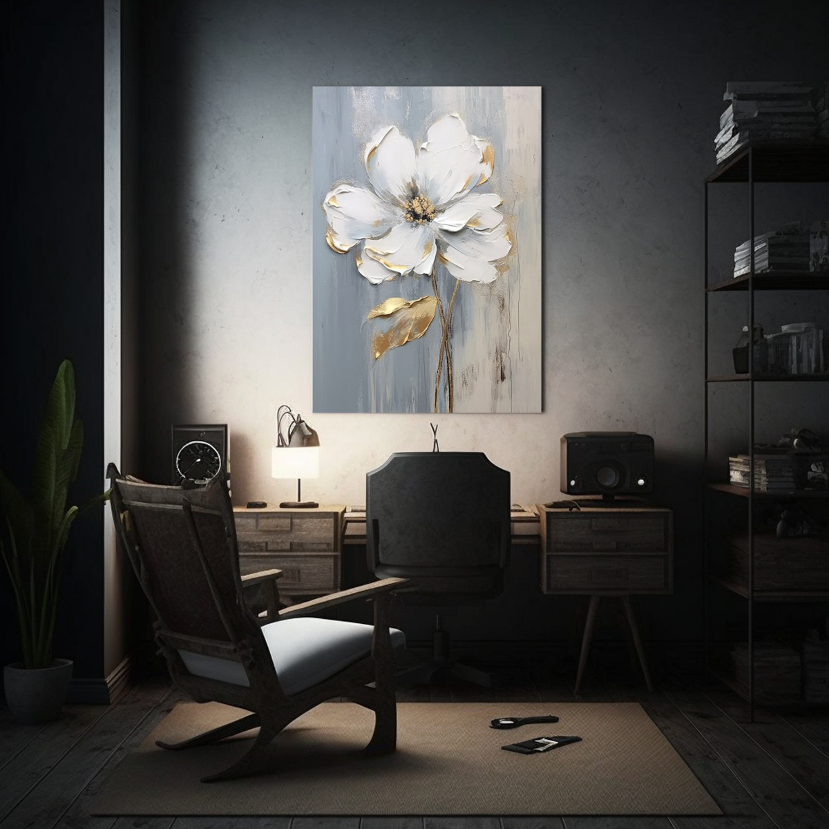 pintura-en-tela-sublimada-estilo-callejero-con-una-flor-blanca-y-dorada-en-tonos-grises-1
