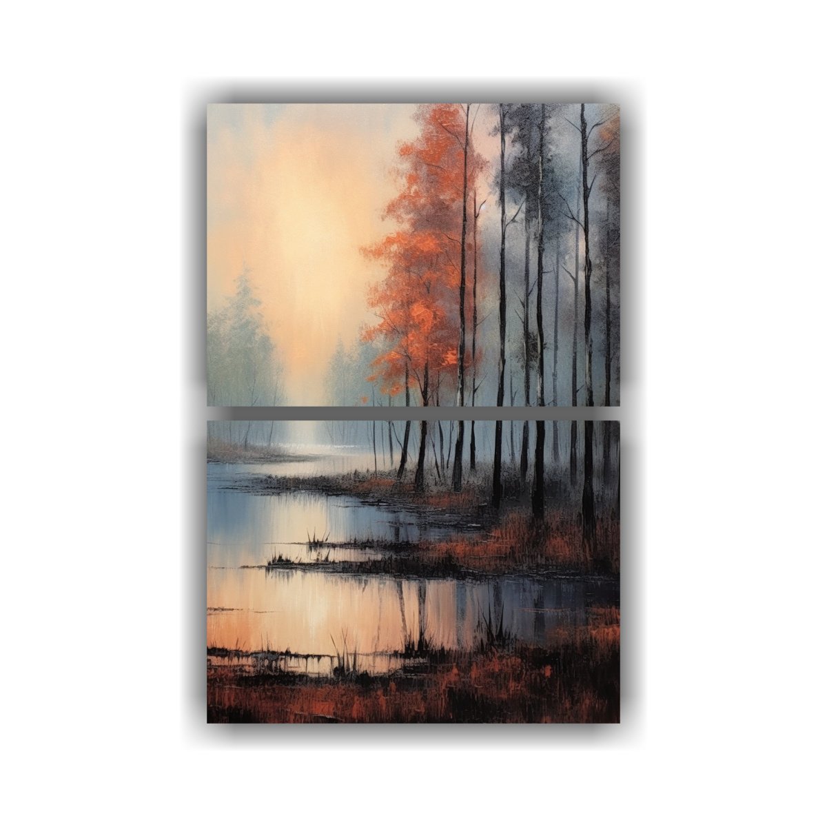 pintura-intensa-de-paisaje-de-bosque-con-lago-en-dos-lienzos-de-tela