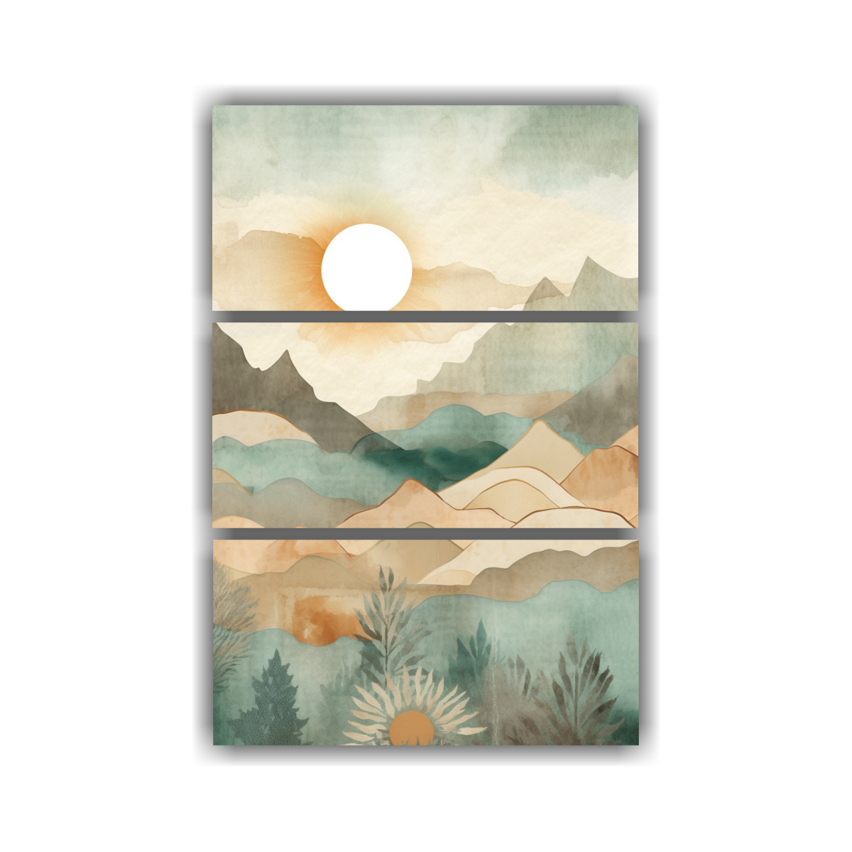 pinturas-decorativas-actuales-estilo-boho-con-sol-sobre-monta-as-en-beige-y-tiffany