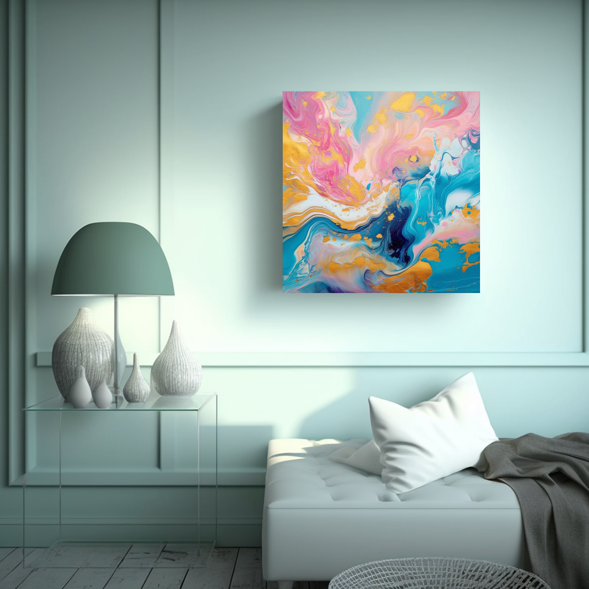 pinturas-decorativas-arte-modernos-en-tonos-turquesa-rosa-y-dorado-sobre-azul-1