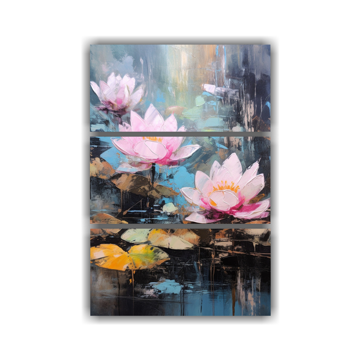 pinturas-decorativas-con-tres-cuadros-urbanos-inspiradores-flores-de-loto-dram-ticas-y-alto-contraste-entre-luz-y-oscuridad-