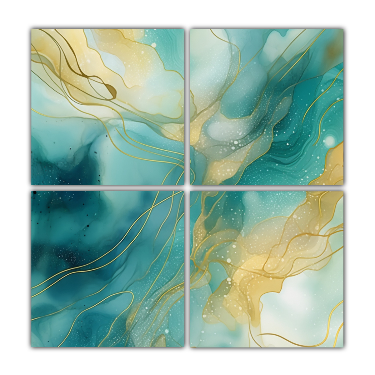 pinturas-decorativas-de-4-telas-en-bastidor-con-hermoso-y-vibrante-patr-n-abstracto-de-acuarela-en-oro-y-turquesa