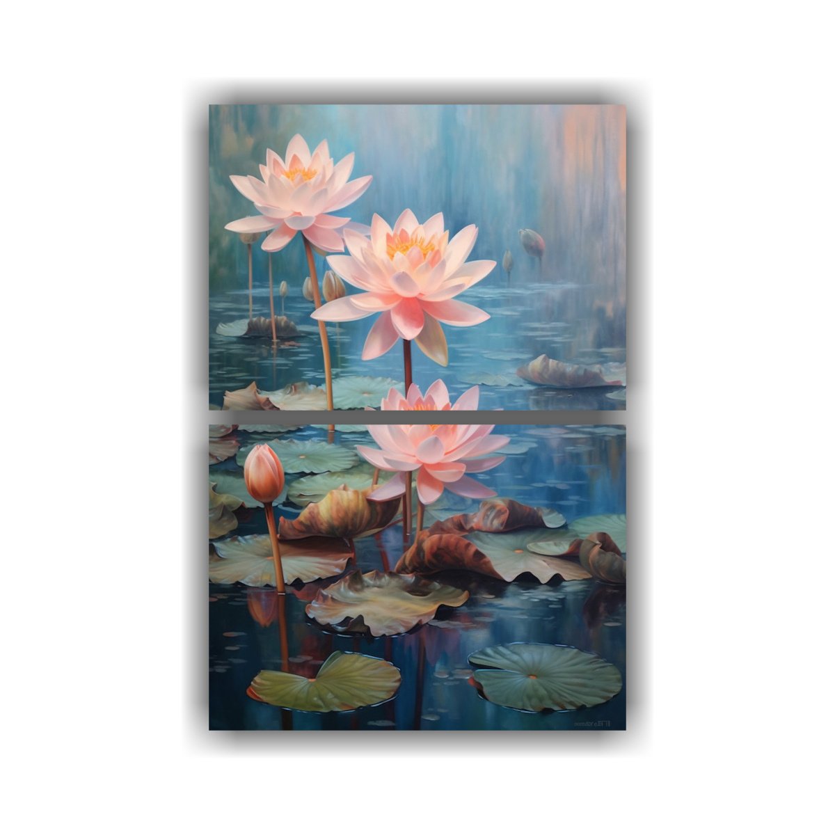 pinturas-decorativas-de-acuarela-lote-de-2-artes-de-pared-con-muchas-flores-de-loto-en-un-lago-suave-y-delicado