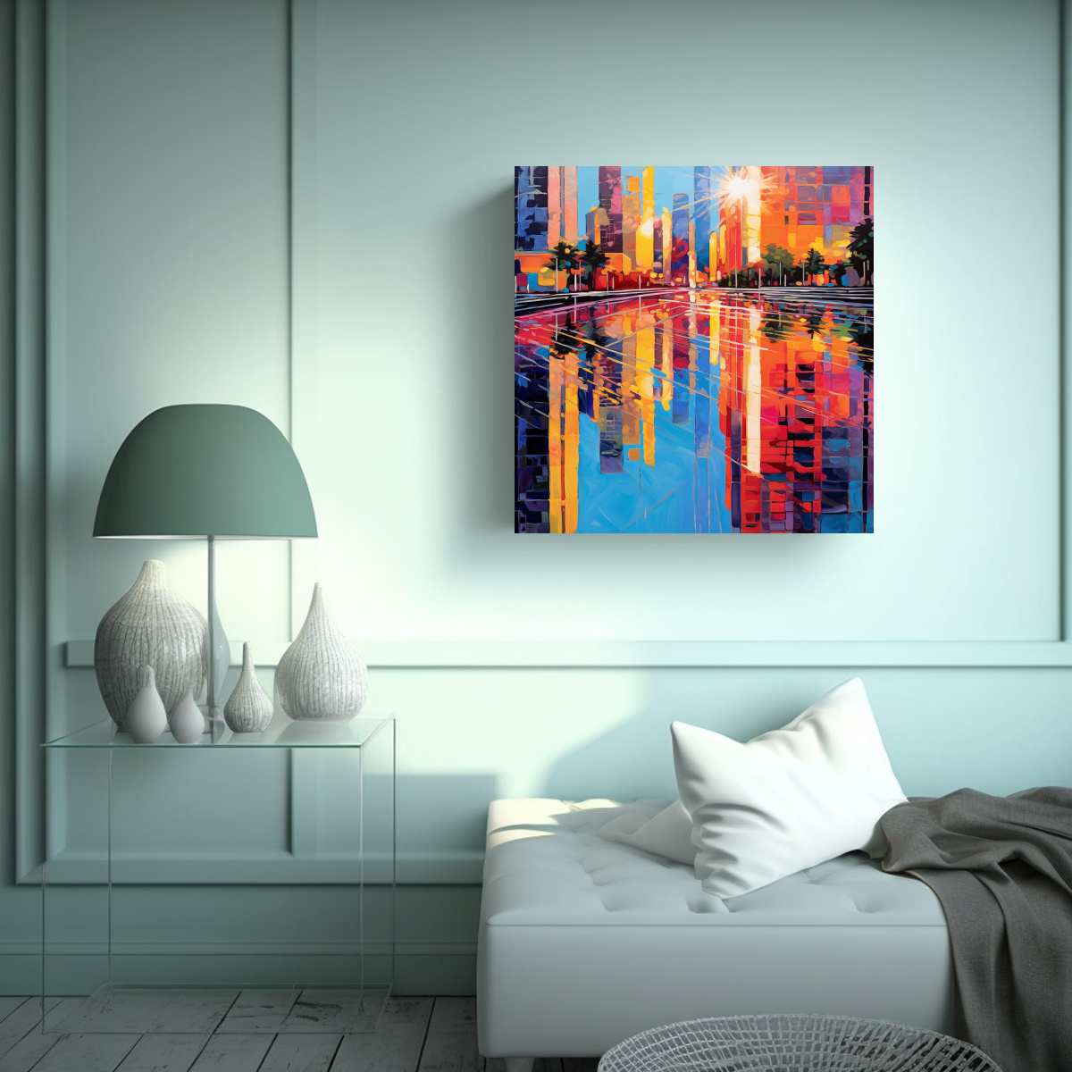 pinturas-decorativas-de-lienzo-vanguardia-unico-reflejos-urbanos-vibrantes-entre-edificios-audaces-1