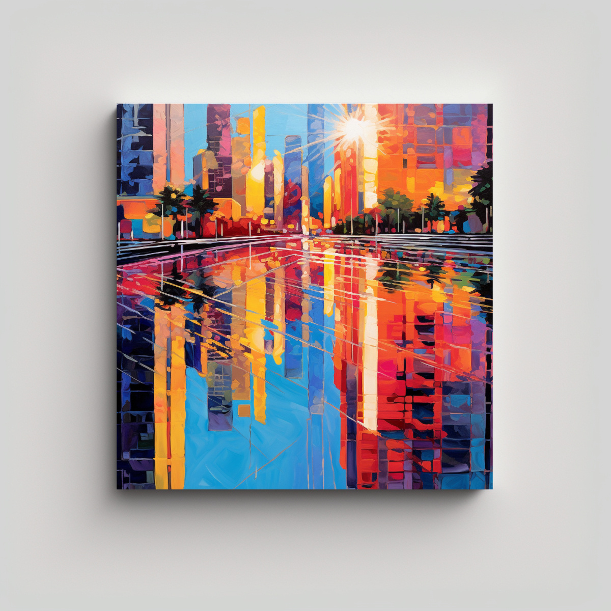 pinturas-decorativas-de-lienzo-vanguardia-unico-reflejos-urbanos-vibrantes-entre-edificios-audaces