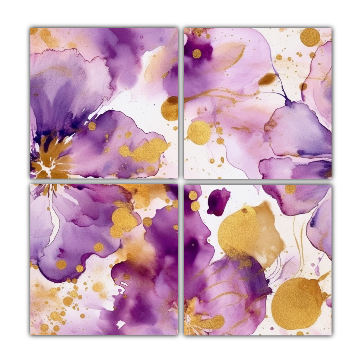 pinturas-decorativas-en-bastidor-con-4-telas-en-composici-n-equilibrada-p-rpura-con-tintas-alcoh-licas-doradas-y-flores-doradas