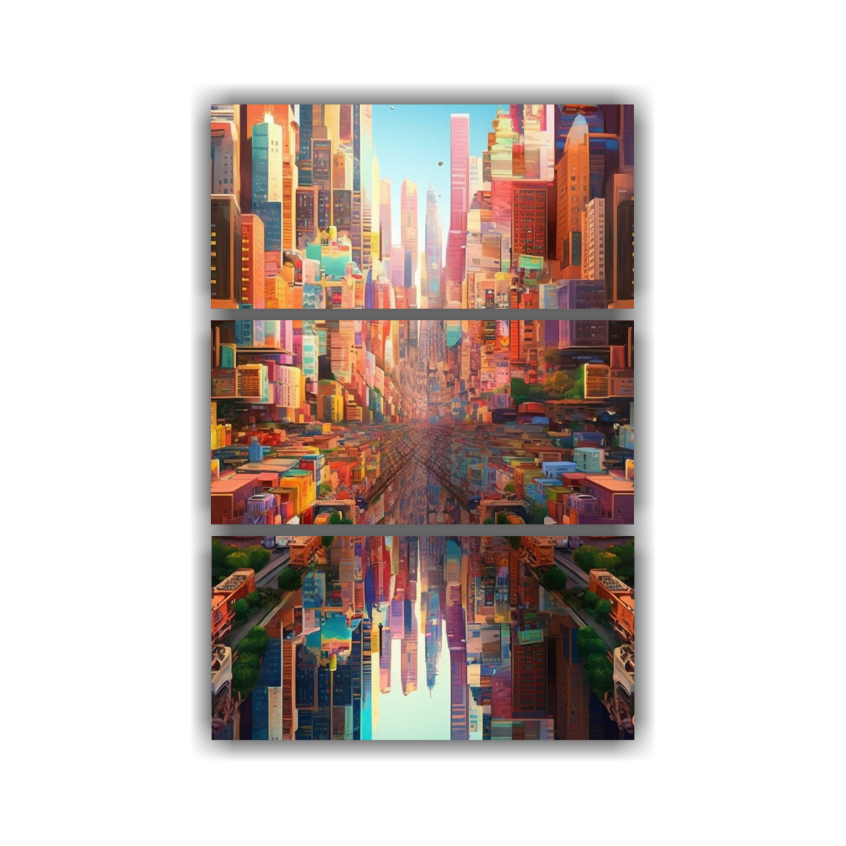 pinturas-decorativas-tr-ptico-creativa-linda-con-vista-urbana-y-luz-matutina-reflej-ndose-en-el-cielo