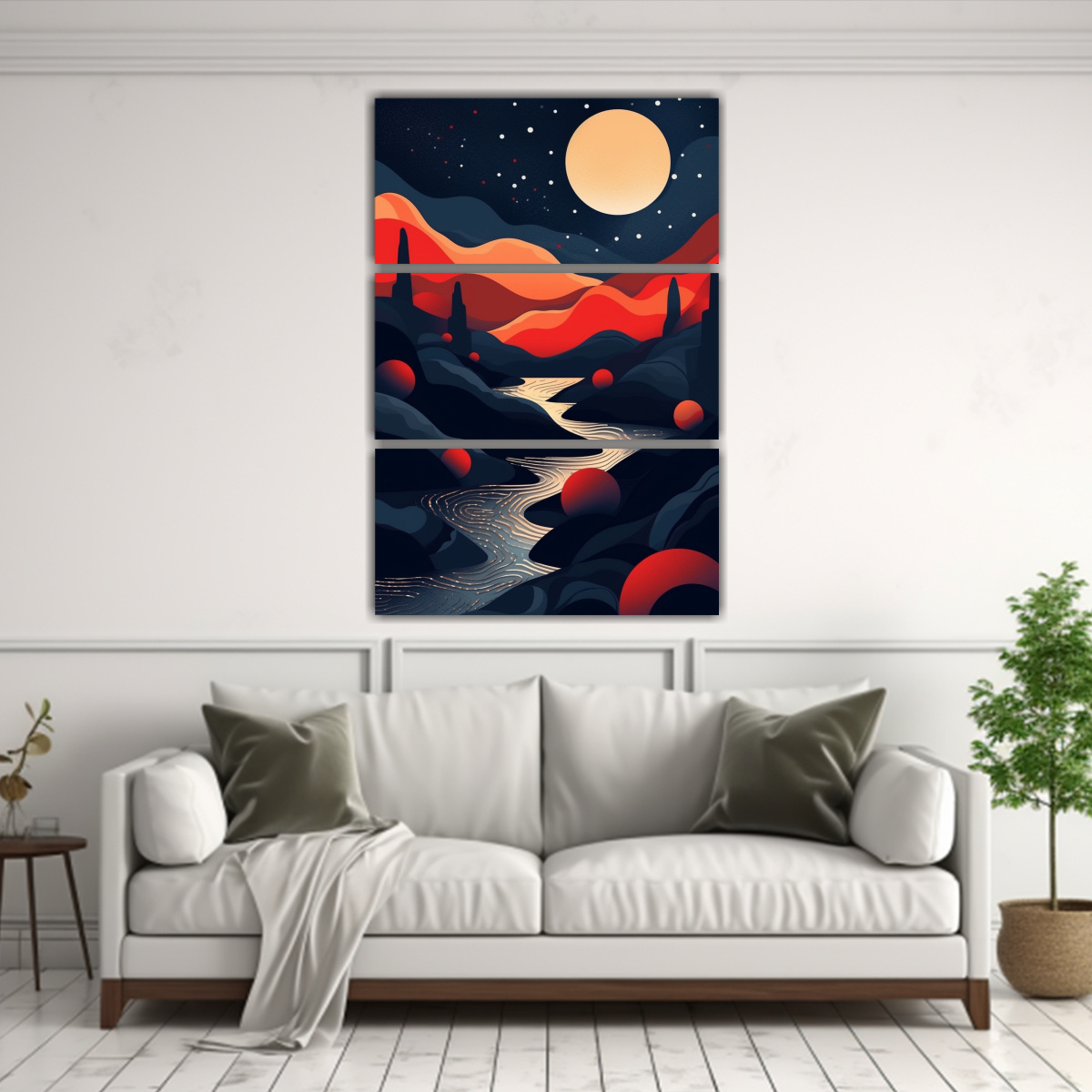 set-3-lienzos-de-tela-horizontal-nico-con-luna-estrellas-y-r-o-sobre-fondo-negro-1