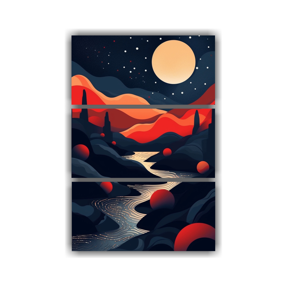 set-3-lienzos-de-tela-horizontal-nico-con-luna-estrellas-y-r-o-sobre-fondo-negro