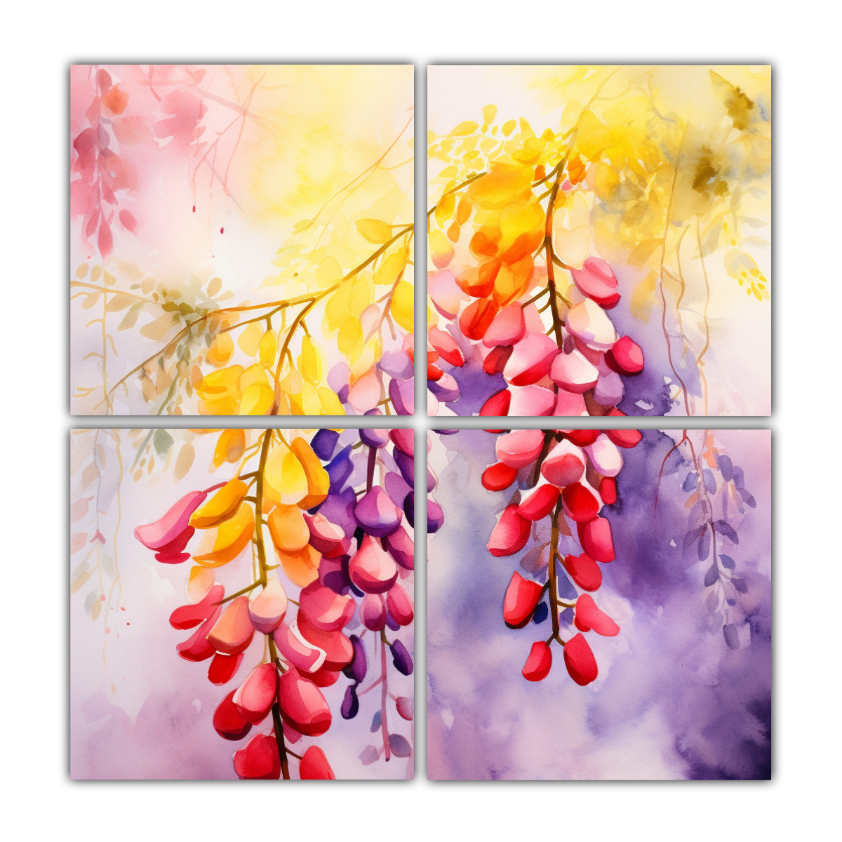 4-pinturas-abstractas-de-calidez-creativa-con-flores-de-glicina-amarillas-y-rojas