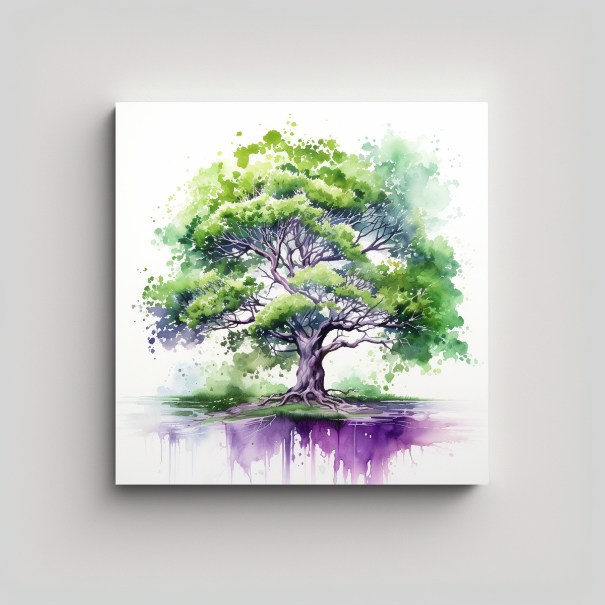 arte-de-pared-abstracto-con-rbol-de-roble-en-verde-y-morado