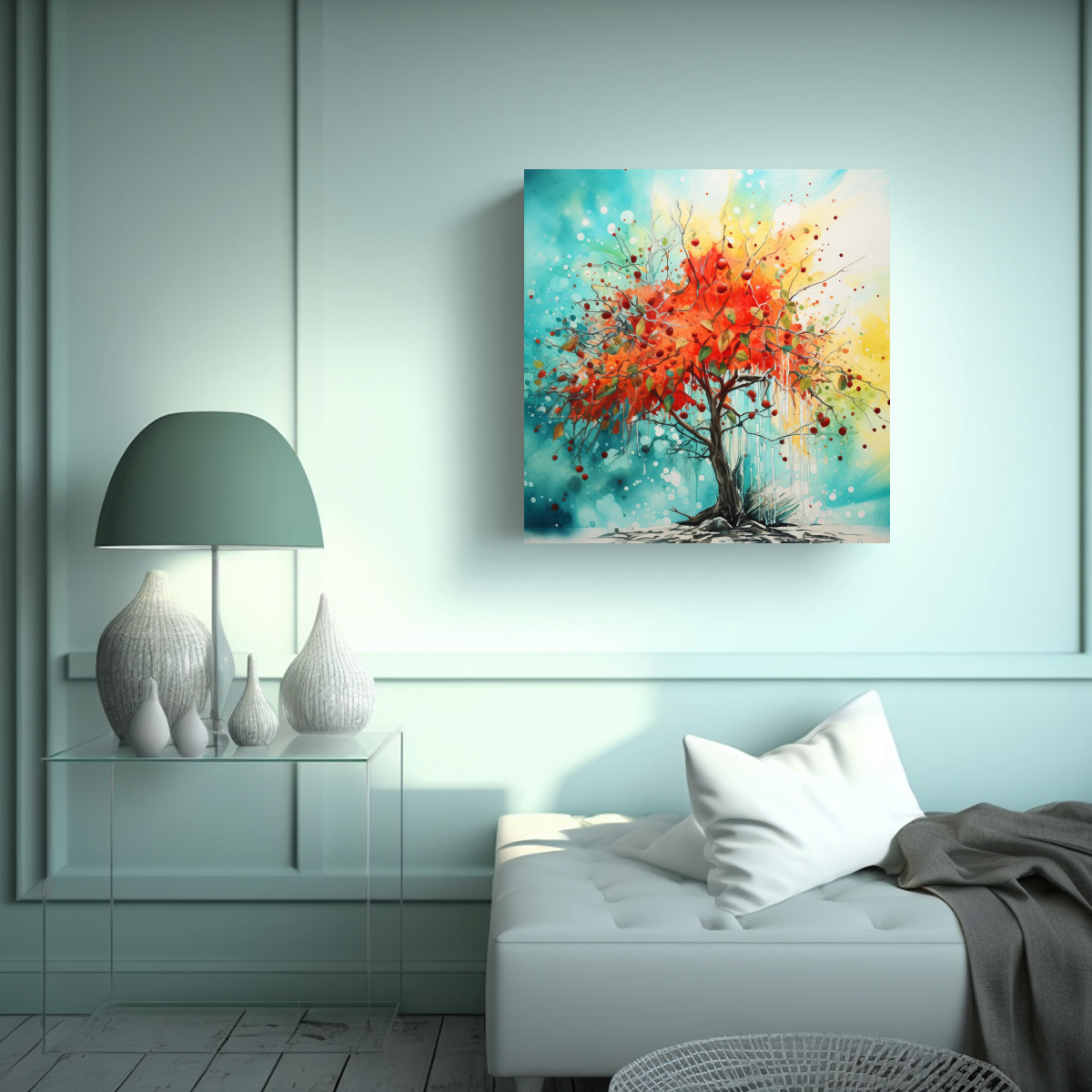 arte-de-pared-abstracto-en-colores-rojo-y-turquesa-con-rbol-de-mango-vanguardia-interiores-1