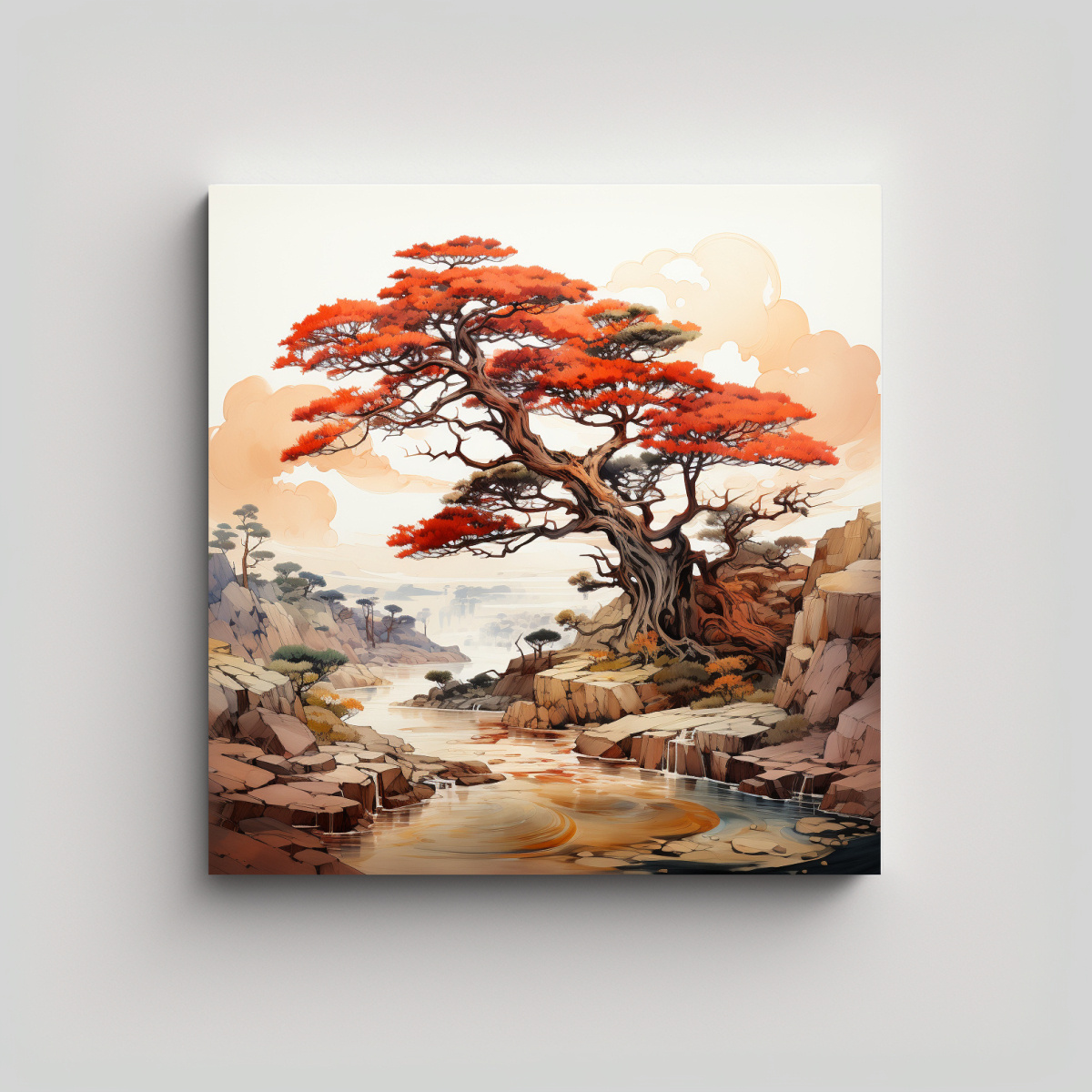 cuadro-abstracto-lienzo-movimiento-cl-sico-rbol-de-jun-pero-rojo-y-naranja