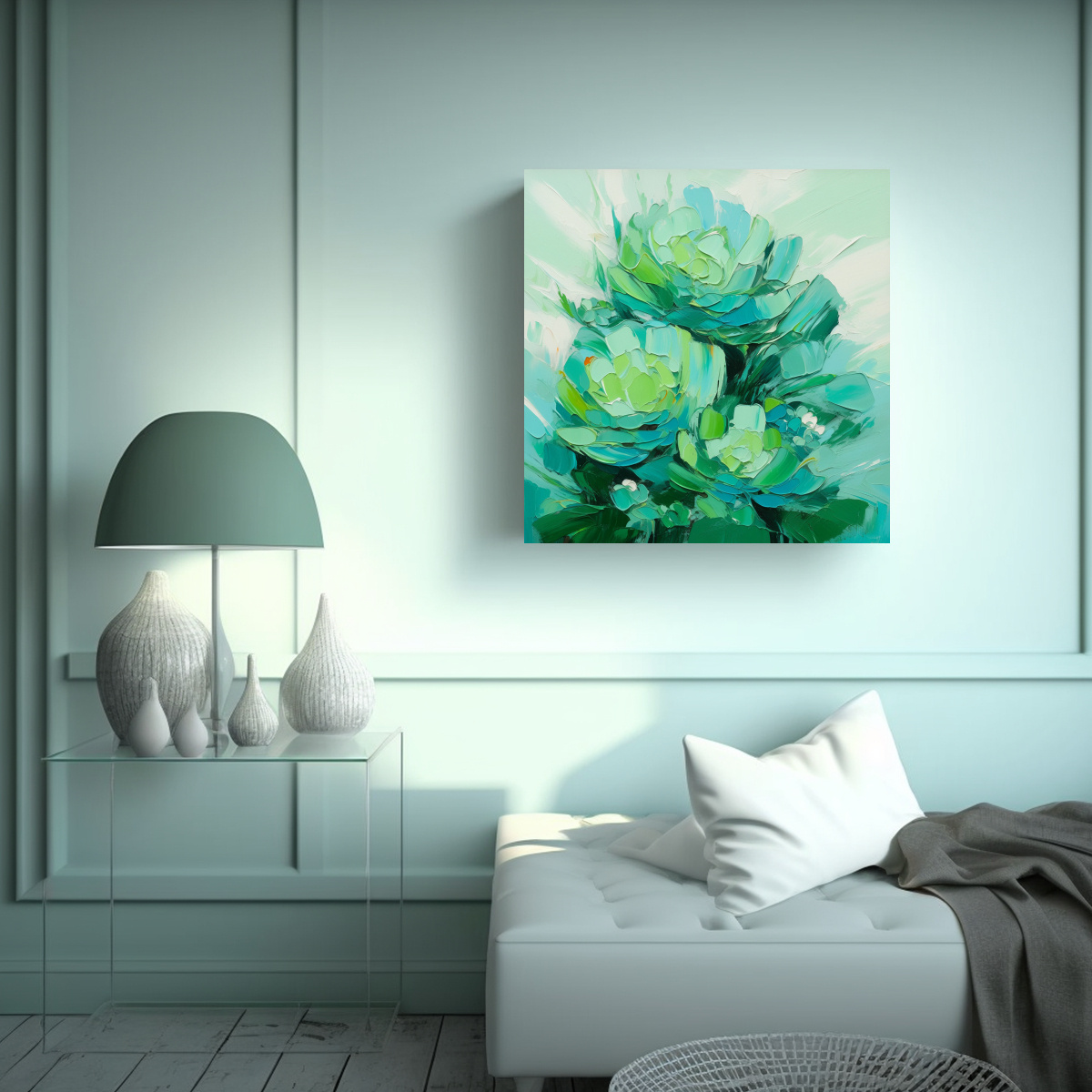 cuadro-creativo-de-flores-verdes-y-turquesas-sobre-lienzo-intensidad-i-1