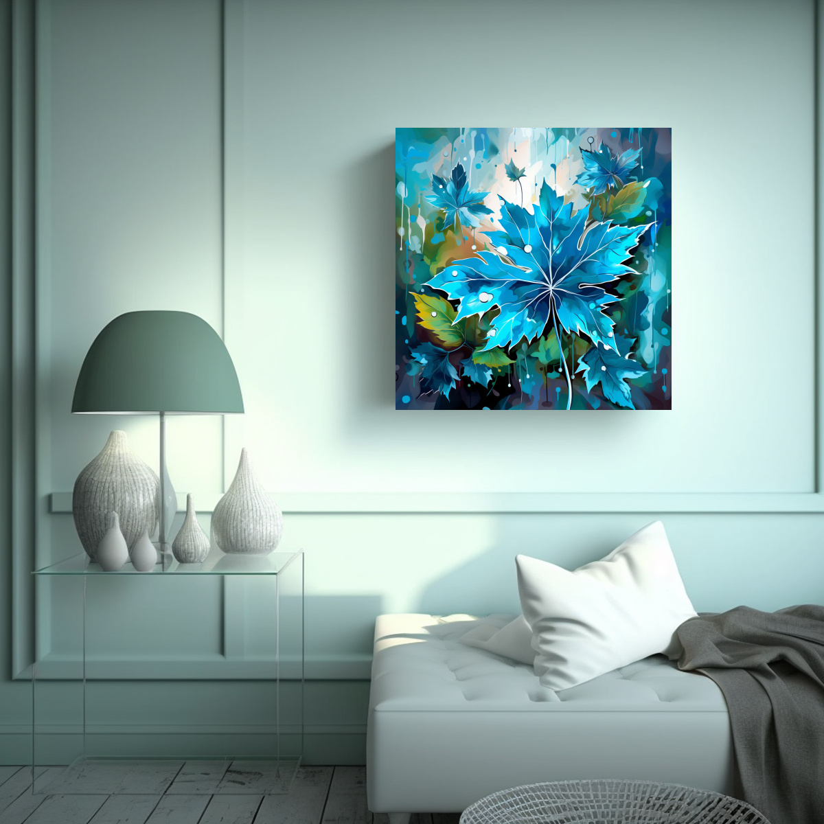 cuadro-de-tela-con-tonalidades-de-hojas-de-arce-en-turquesa-y-azul-atmosfera-neonoir-1
