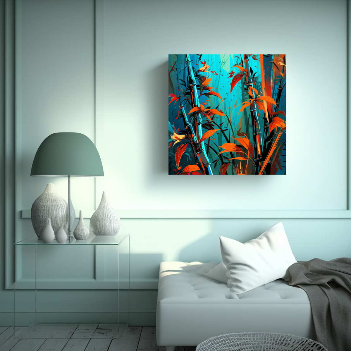 cuadro-de-tela-fotograf-a-de-plantas-de-bamb-en-colores-turquesa-y-naranja-neonoir-en-la-decoraci-n-1