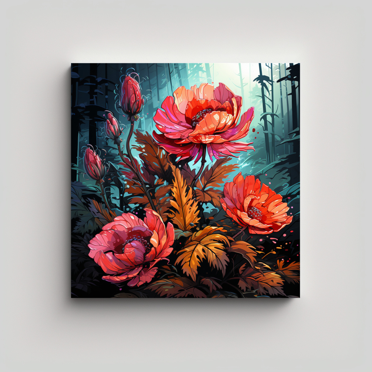 cuadro-decorativo-con-hojas-de-helecho-en-rojo-ambiente-neonoir-neo-pop-a