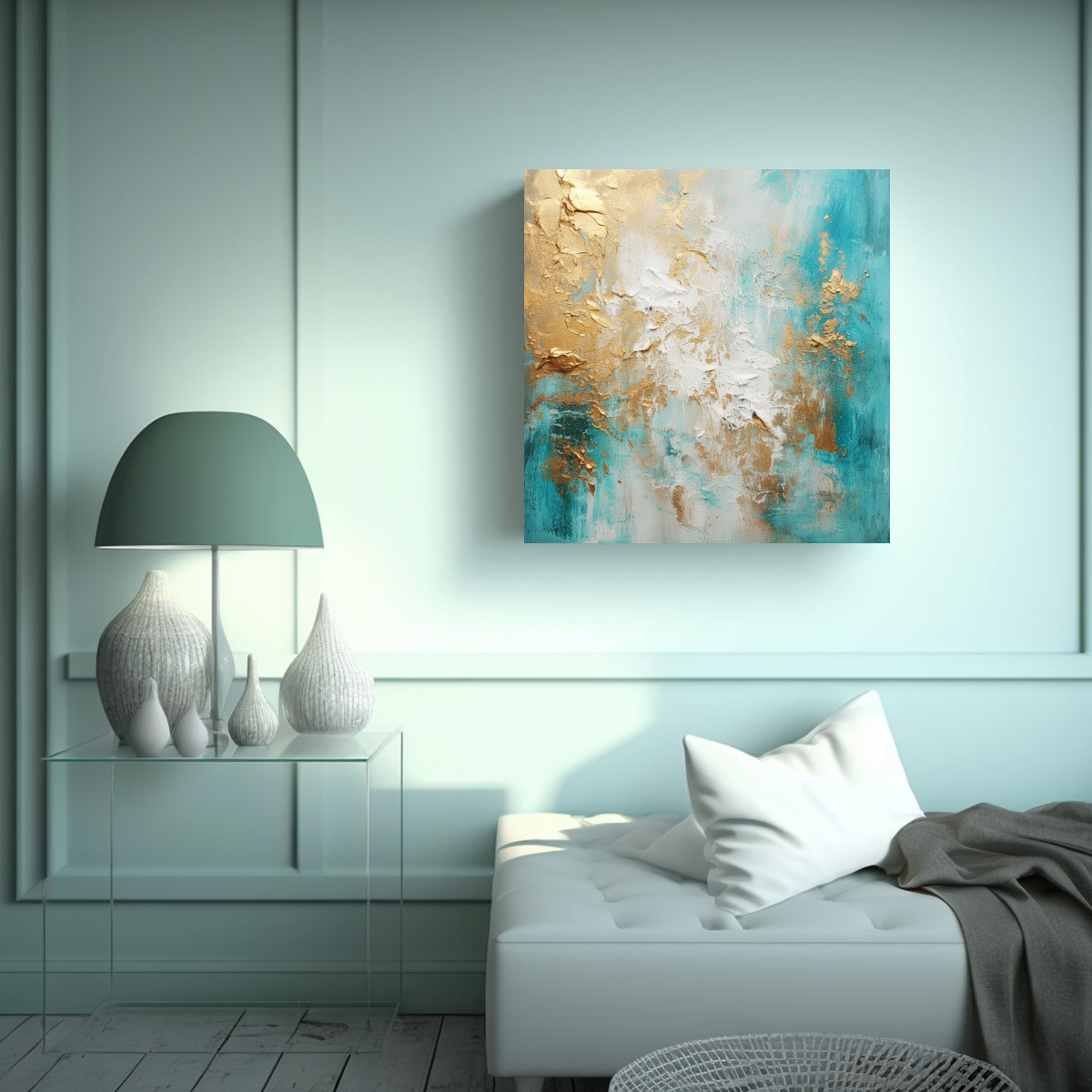 cuadro-dibujo-motivo-kauka-enker-en-fondo-turquesa-blanco-y-dorado-1