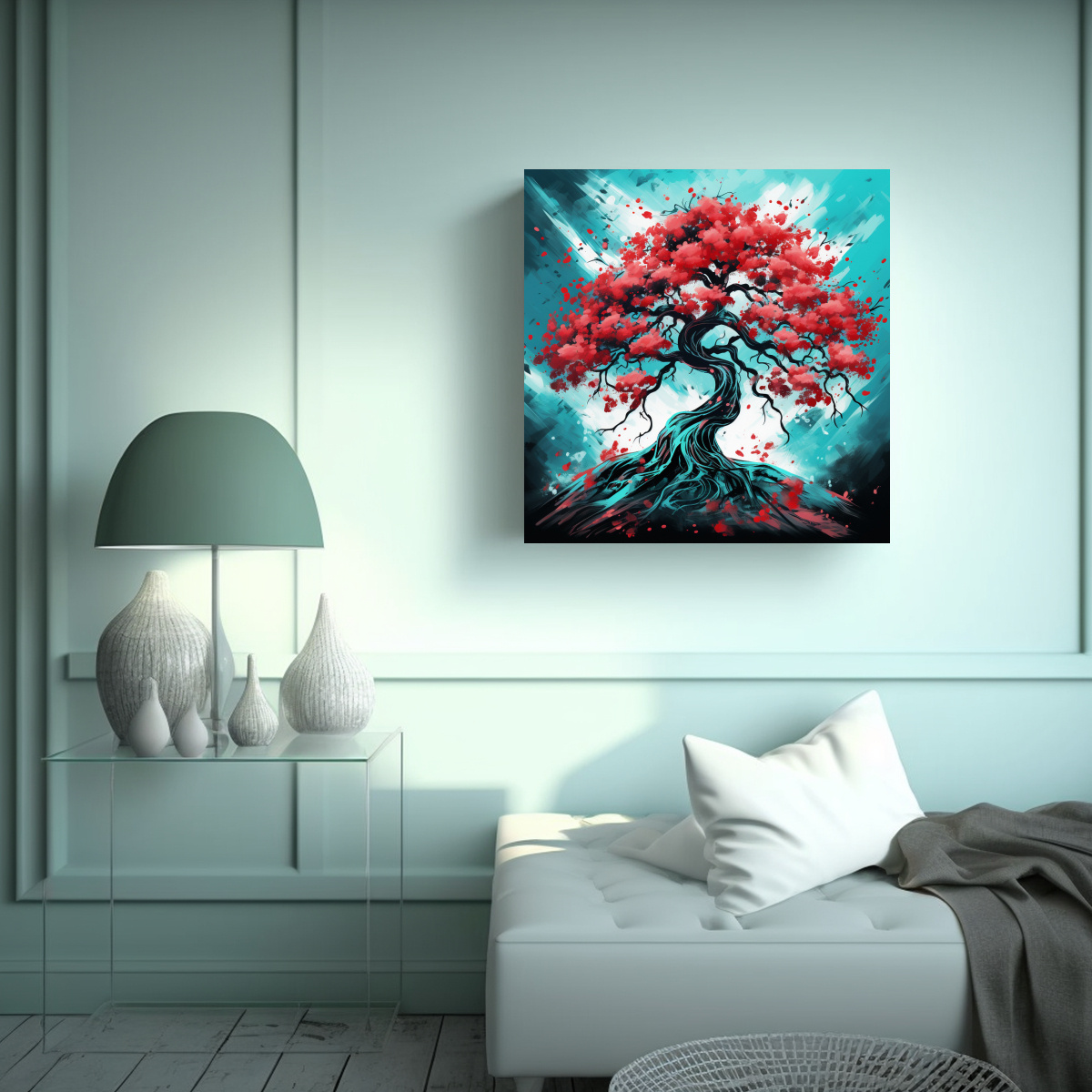 cuadro-tema-dormitorio-rbol-de-roble-en-colores-rojo-y-turquesa-atmosfera-neonoir-1