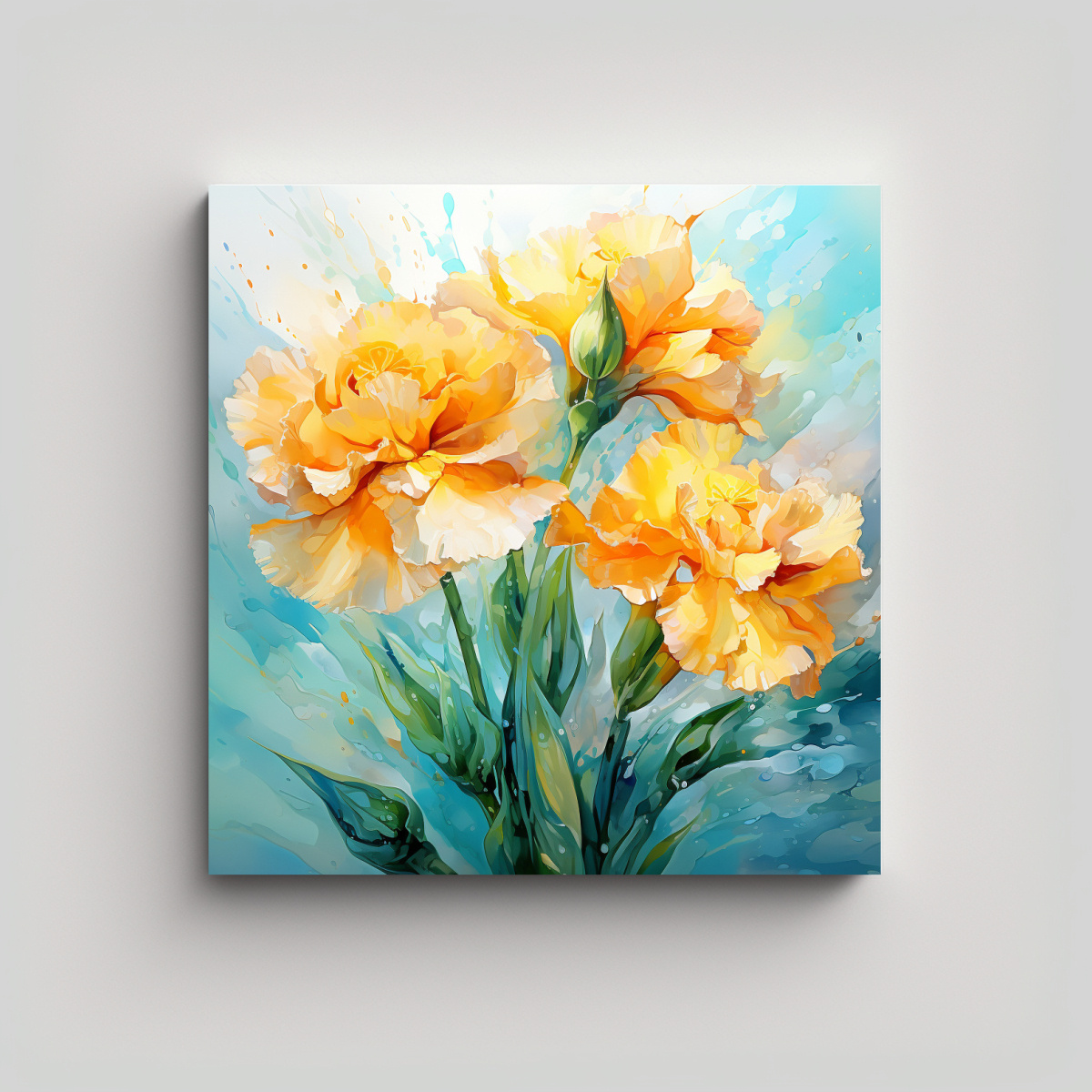 cuadros-abstractos-de-lienzo-amarillo-y-turquesa-con-flores-de-claveles