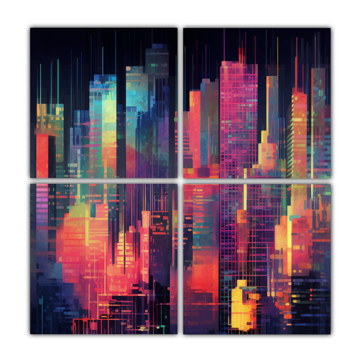 cuadros-impresos-de-creatividad-neon-cityscape-con-rascacielos-distorsionados